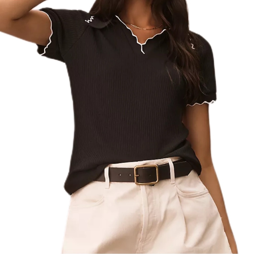 Anthropologie Black Short-Sleeve Ribbed Polo with White Trim